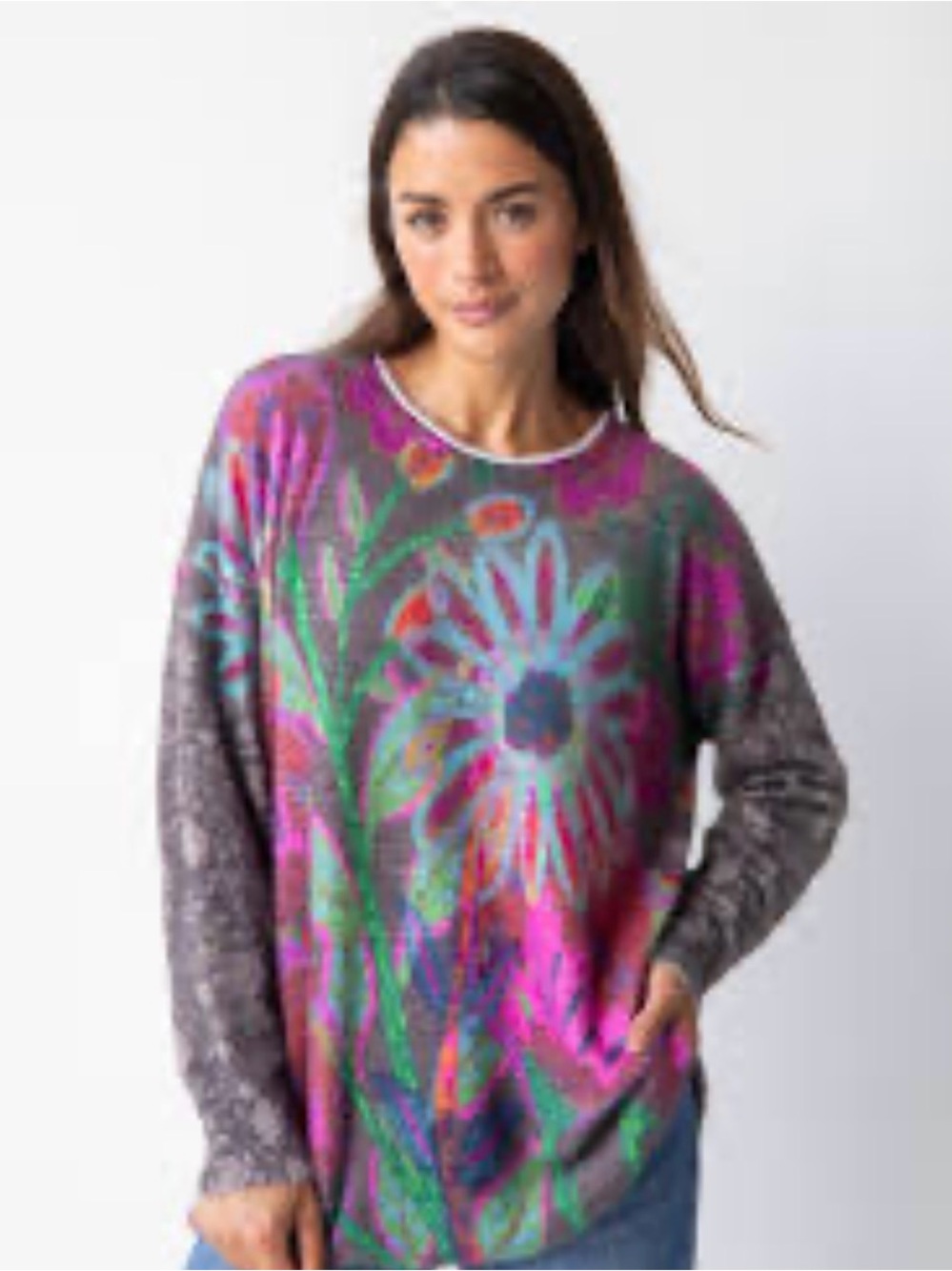 NATURAL LIFE Multicolor Floral Crewneck Sweater - Pink, Green & Gray